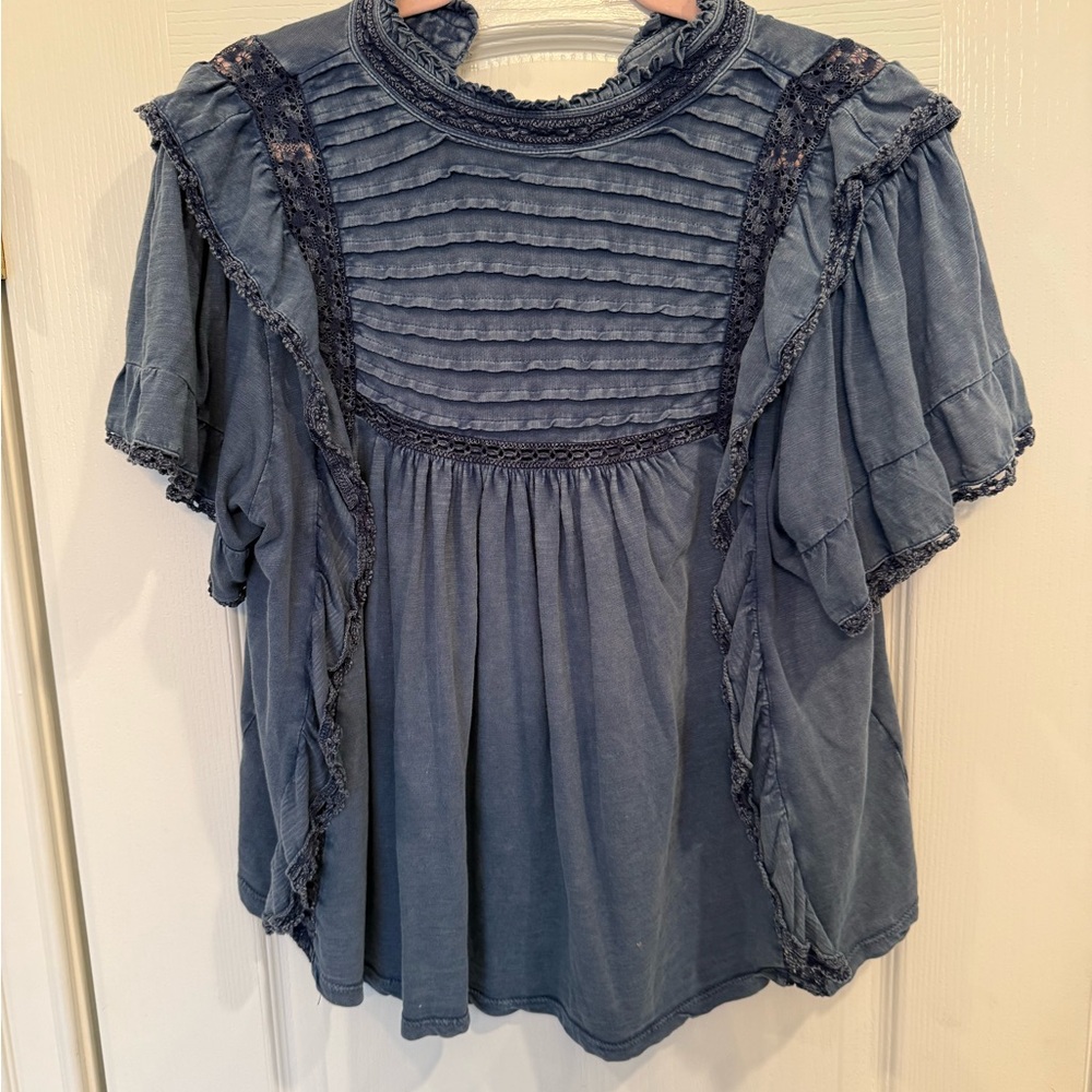Free People Navy Ruffle Blouse